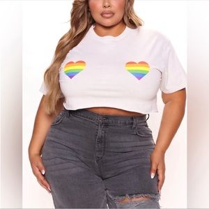 Khaki Colored Rainbow Heart Cropped Top Graphic T